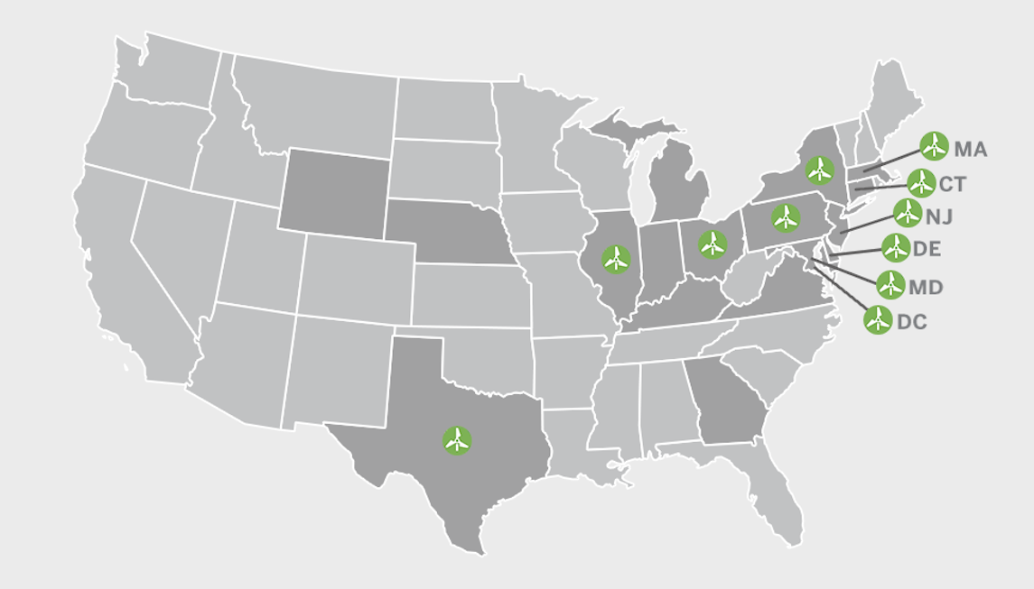 Constellation is an renewable energy supplier to 11 states across the US US map highlighting the states that Constellation serves renewable energy